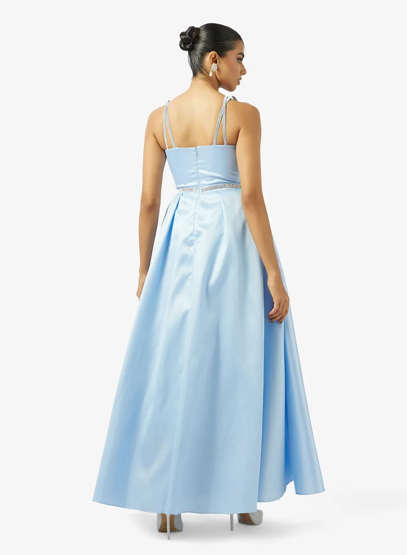 اكاديا فاشن فستان تافتا بياقة على شكل حرف  ورباط